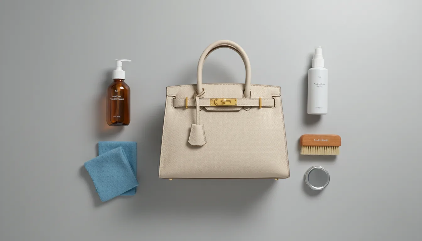 Luxury handbag care essentials including leather conditioner, dust bags, and storage materials