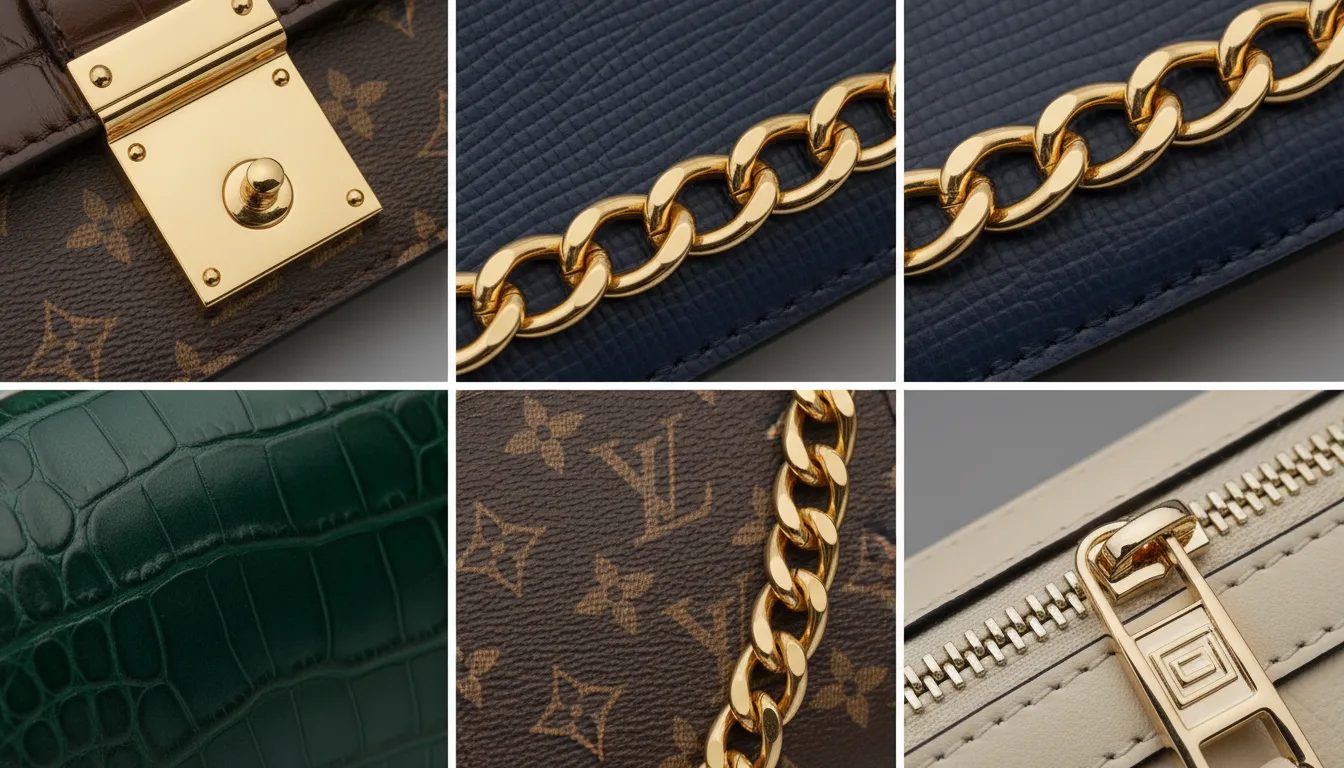 A curated collection of luxury handbag materials, hardware, and design details
