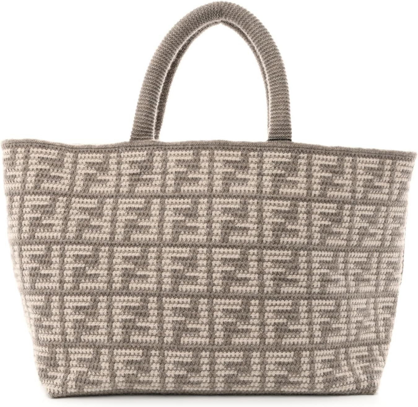 FENDI FF Tortora Gray Knitted Cashmere Wool Large Shopper Tote