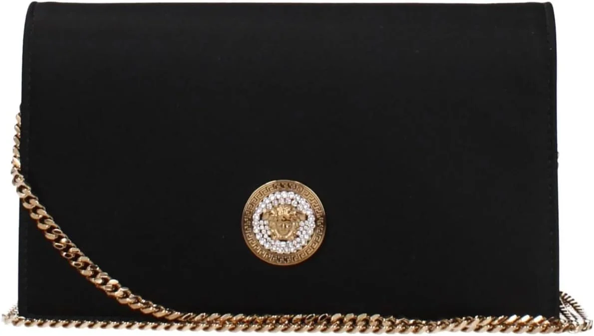 Versace Medusa Black Satin & Leather Clutch