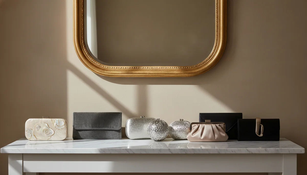 A marble console under a gilt mirror, with a row of evening clutches set out along it
