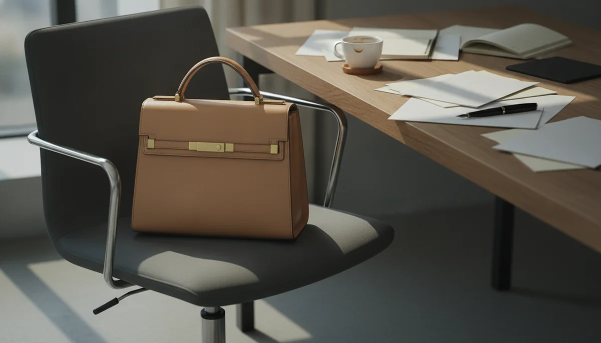 A satchel open on a table with the evening's essentials beside it