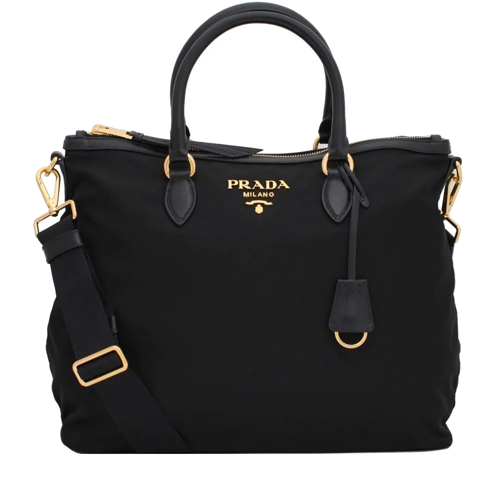Prada Womens Two Way Black Tessuto Nylon Tote Crossbody Calf Leather Trim 1BC060
