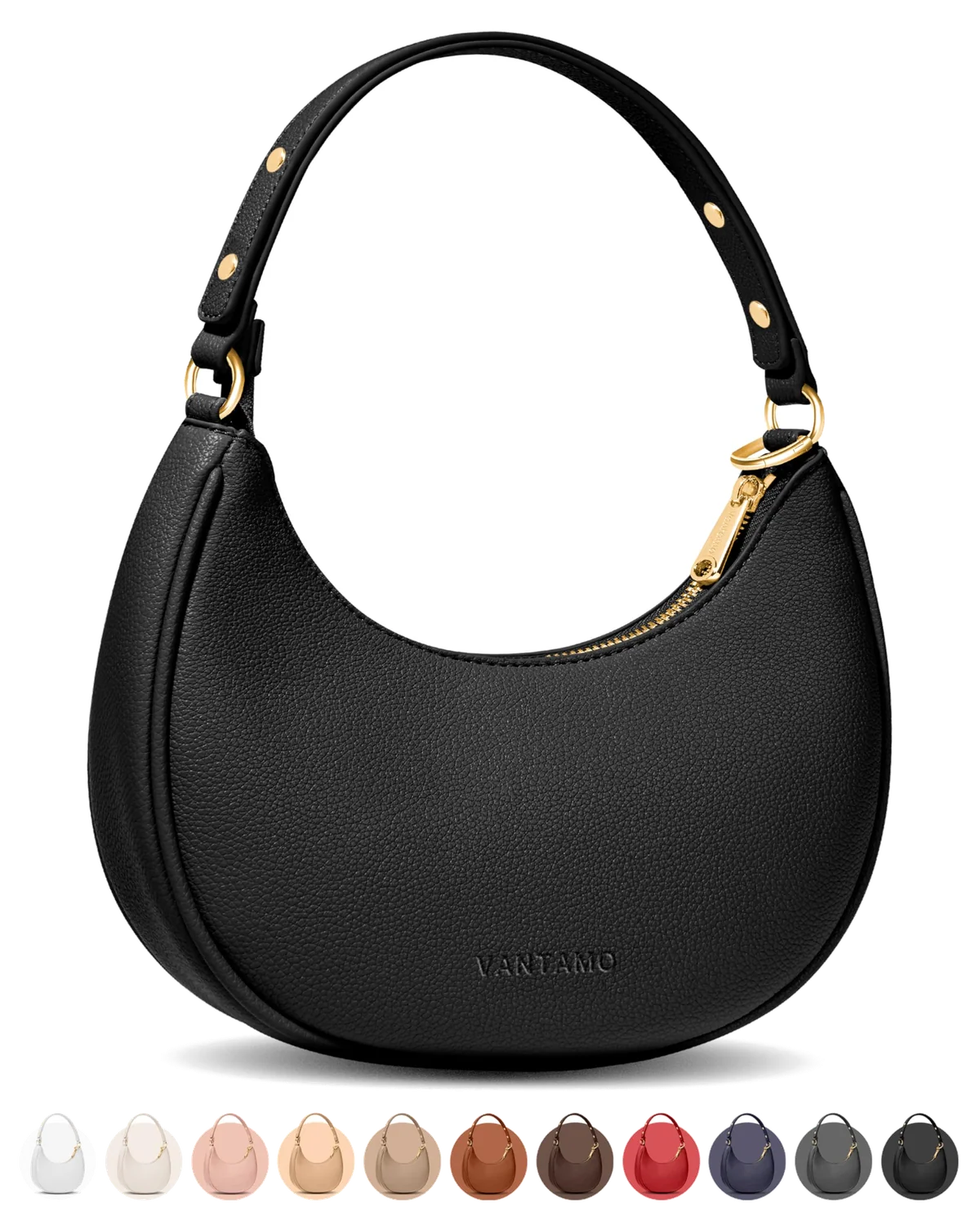 Vantamo Crescent Bags For Women with RFID Protection, Half Moon Clutch Purses for Women with Anti-Theft Clip for Extra Safety, Premium Smooth PU Leather Handbags for Work & Going Out, Black Purse